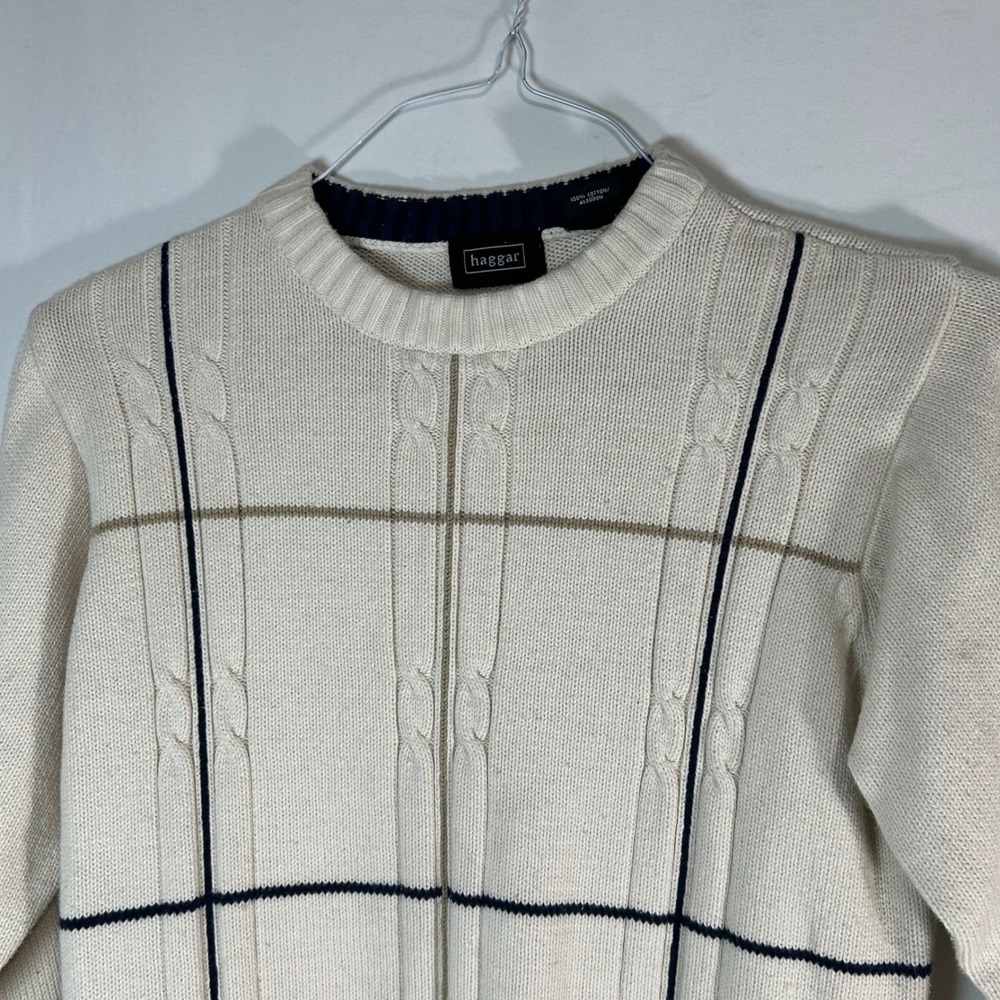 Haggar Mens Cream Cable Knit Plaid Crewneck Sweater M Medium - Picture 2 of 8